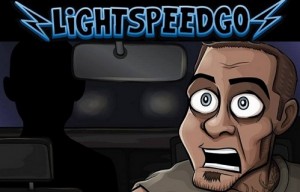 A cartoon character in a car with the words lightspeedgo.