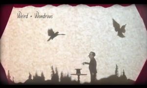 A silhouette of a man with birds flying in the sky.