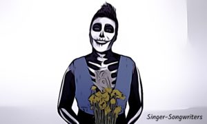 A skeleton holding a bouquet of flowers.